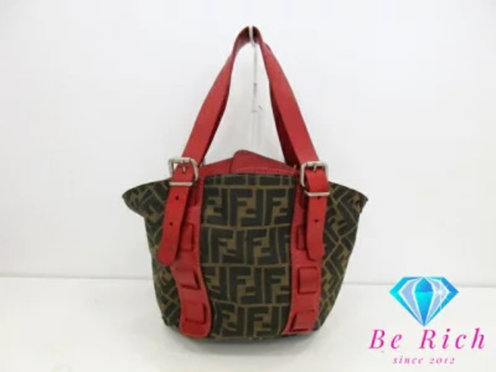 Fendi Tote Bag Zucca Brown Red Canvas Leather Shoulder Handbag